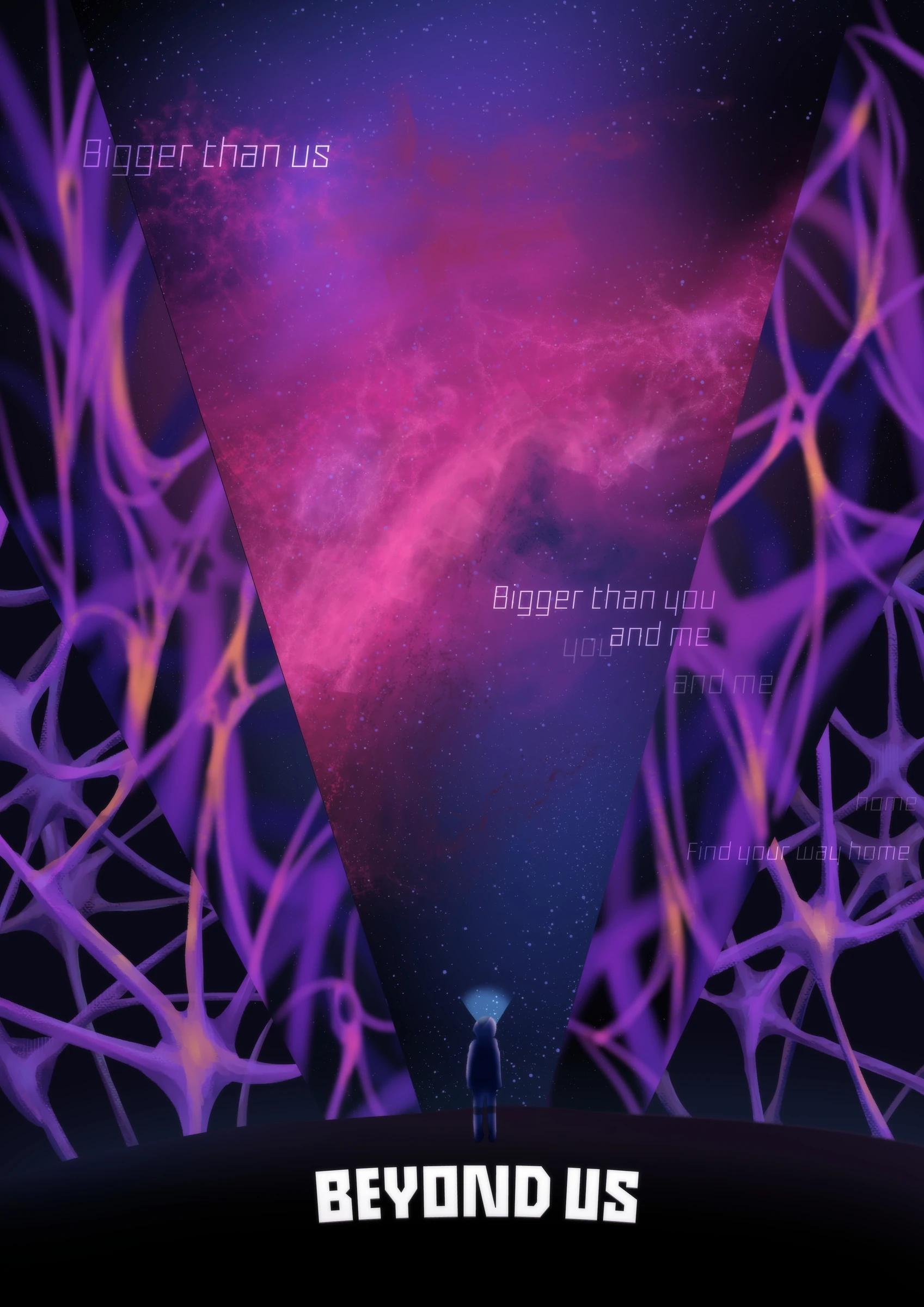 Beyond Us campaign poster in purple and blue cosmic colours